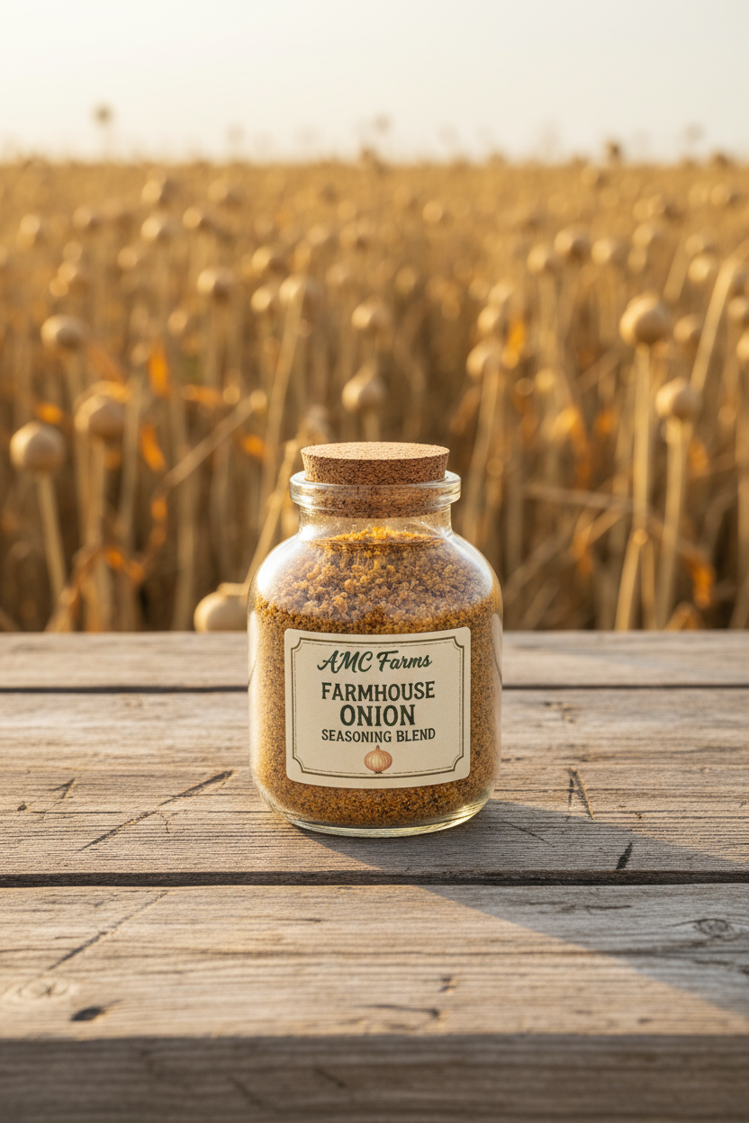 Glass spice jar of Farmhouse Onion Seasoning Blend on a rustic wooden farm table
