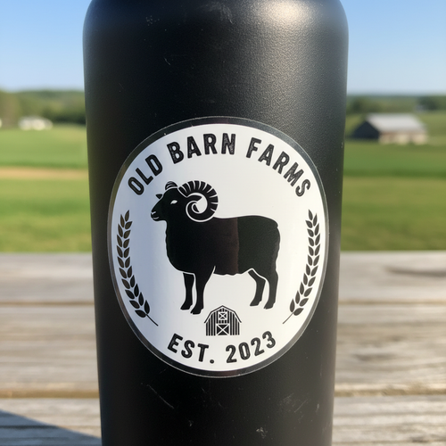 Round farm logo vinyl sticker on matte black water bottle