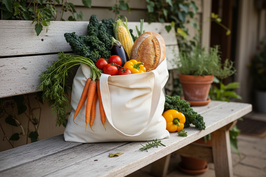 Canvas tote bag filled with fresh vegetables and bread on farmhouse bench