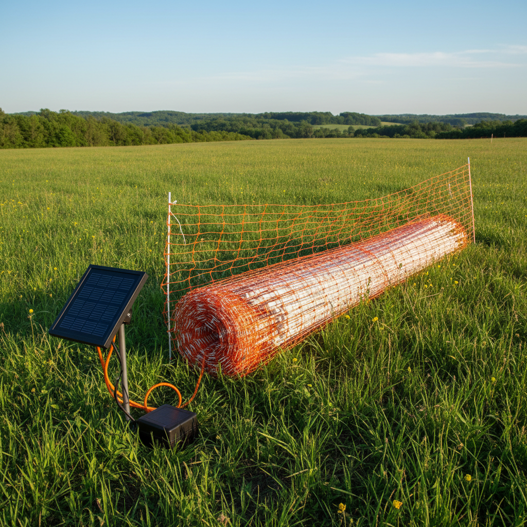 Orange electric netting fence installed in a green pasture with solar panel unit