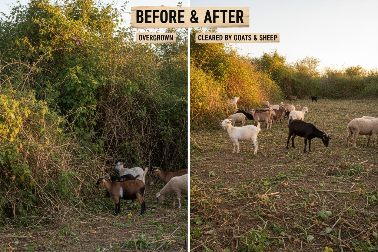 Before and after split screen showing dense thicket cleared by grazing animals