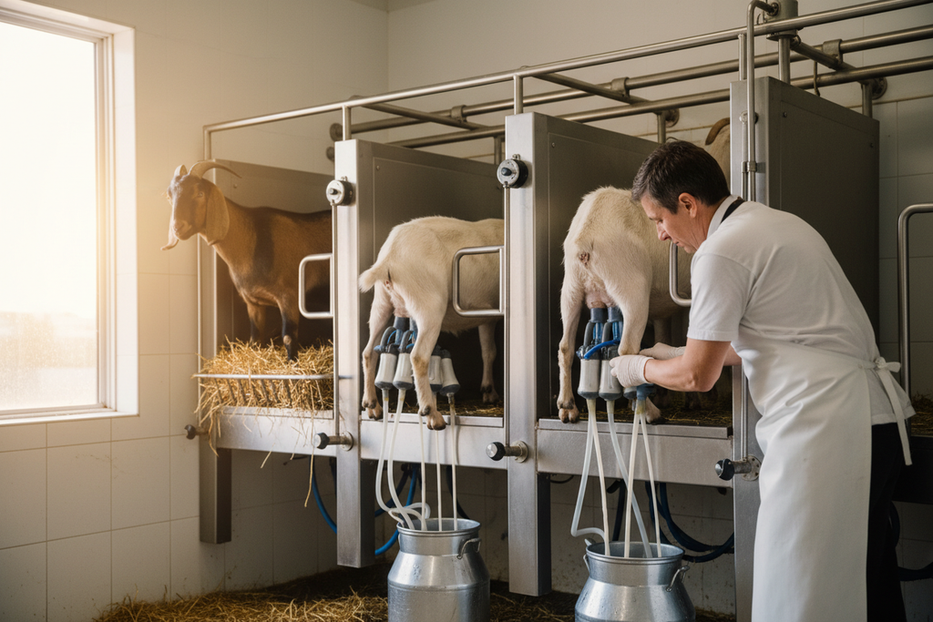 Nubian and Saanen does being milked in stainless parlor with rancher checking pulsator