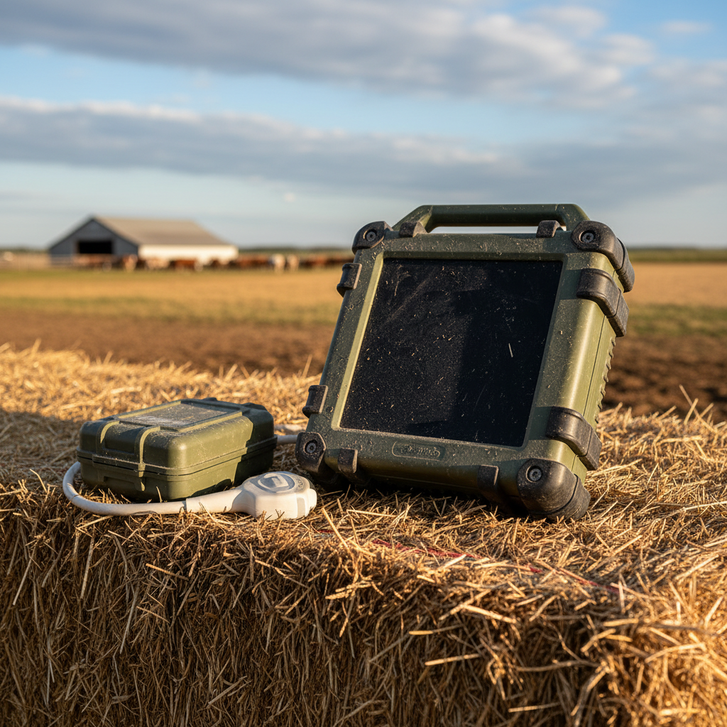 Rugged waterproof portable ultrasound monitor on a hay bale with medical probe