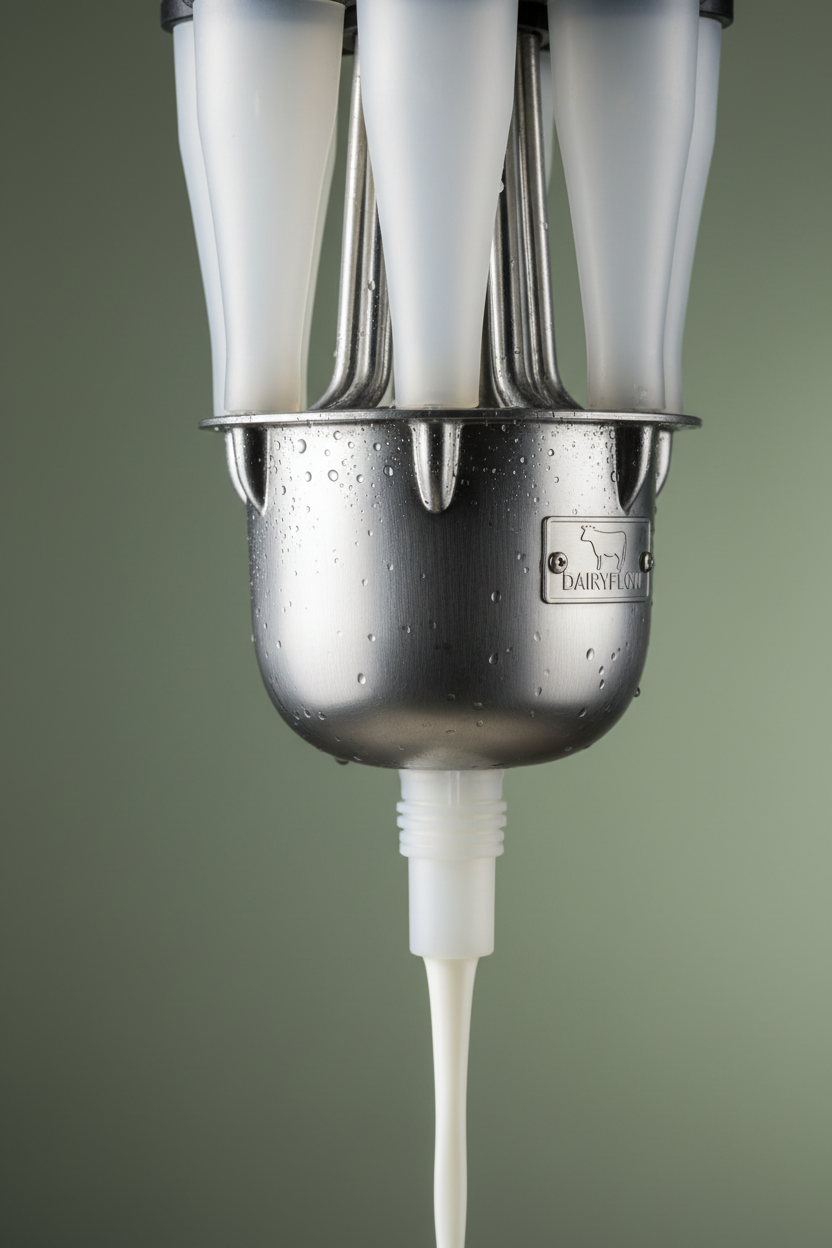 Macro close-up of stainless milking claw assembly with silicone inflations and fresh milk flowing