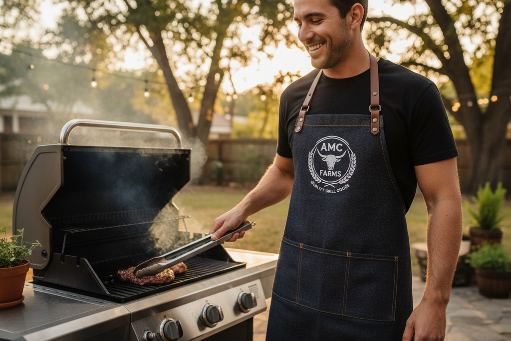 Person wearing AMC Farms Grill Apron at a backyard grill at golden hour