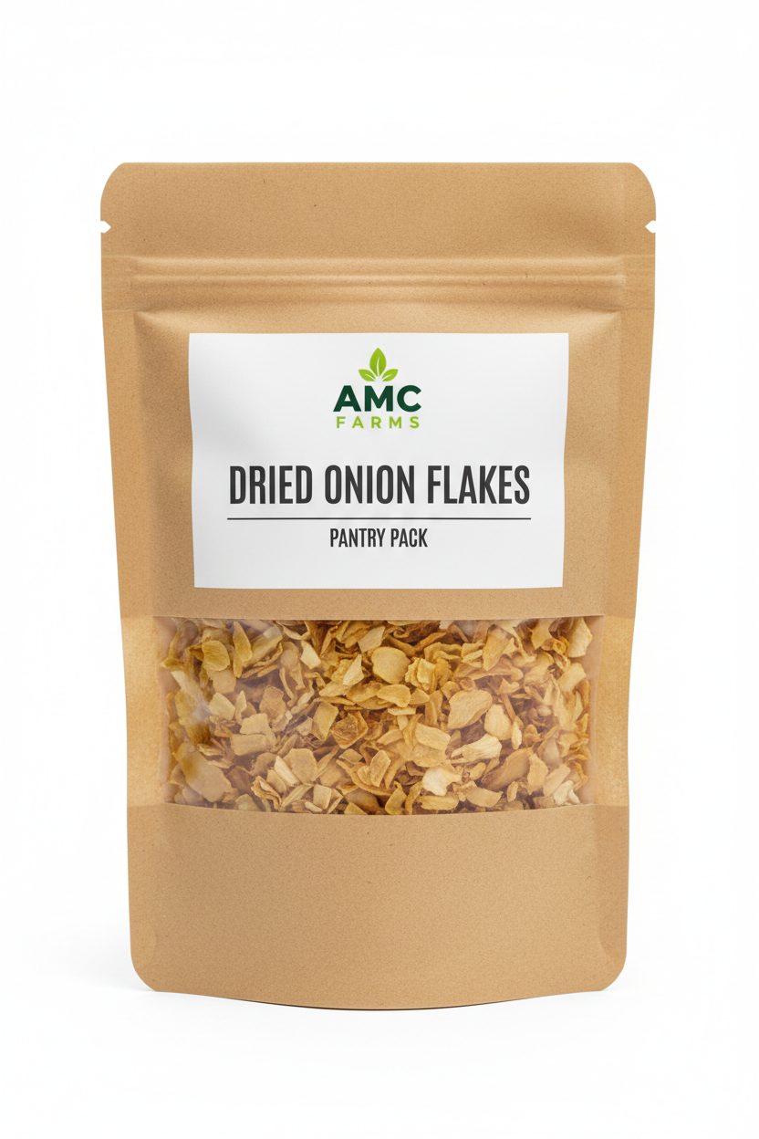 Stand-up kraft pouch of AMC Farms Dried Onion Flakes on white studio background