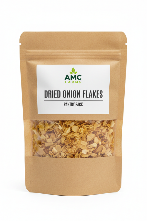 Stand-up kraft pouch of AMC Farms Dried Onion Flakes on white studio background