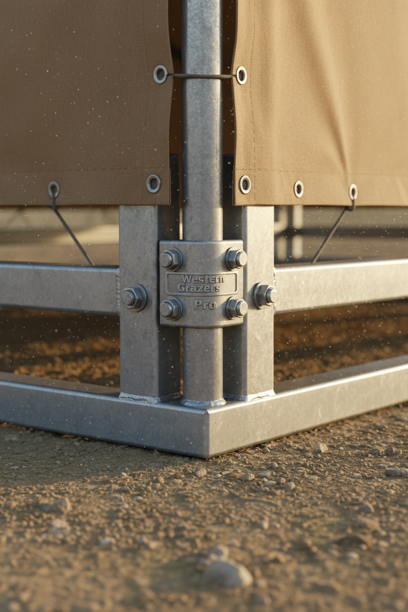 Macro close-up of Western Grazers Pro corner joint on galvanized steel field shelter frame