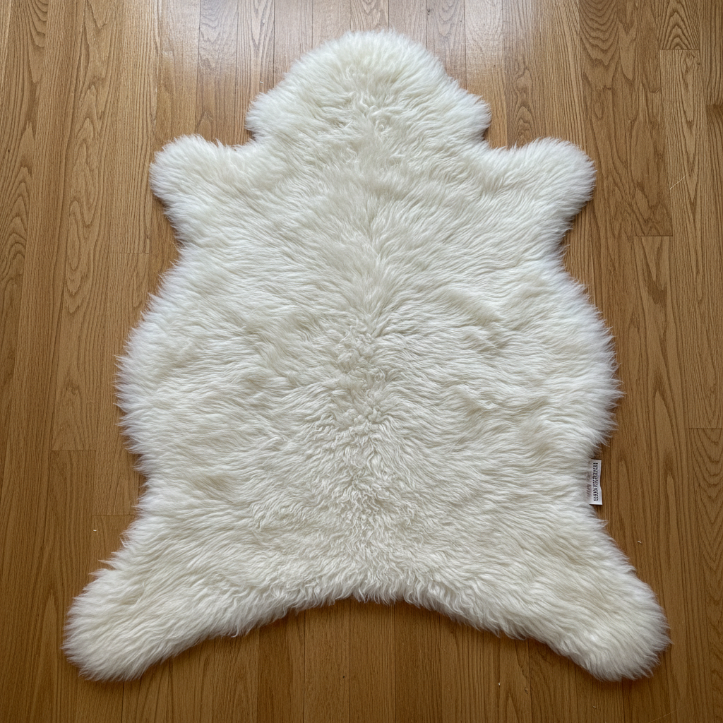 Top-down view of soft sheepskin rug on hardwood floor showing thick texture and natural edges
