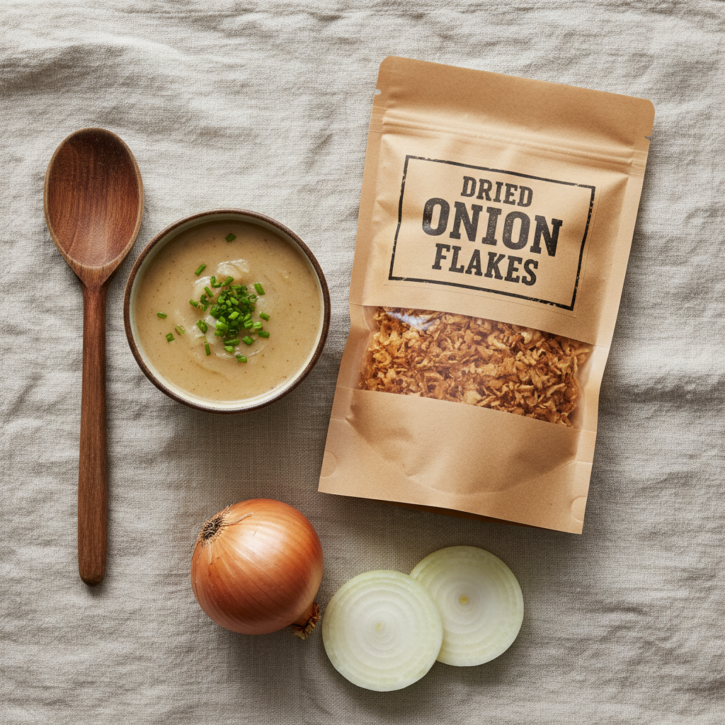Flat lay of Dried Onion Flakes Pantry Pack on linen with wooden spoon and fresh onions