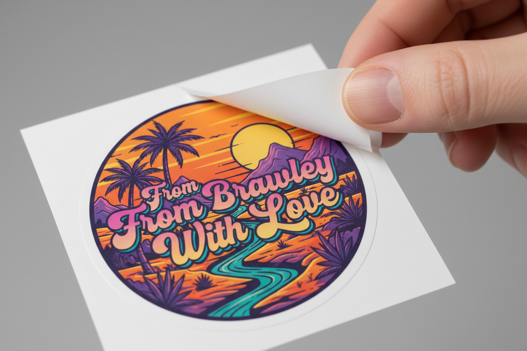 Close-up of From Brawley With Love sticker being peeled from its backing sheet