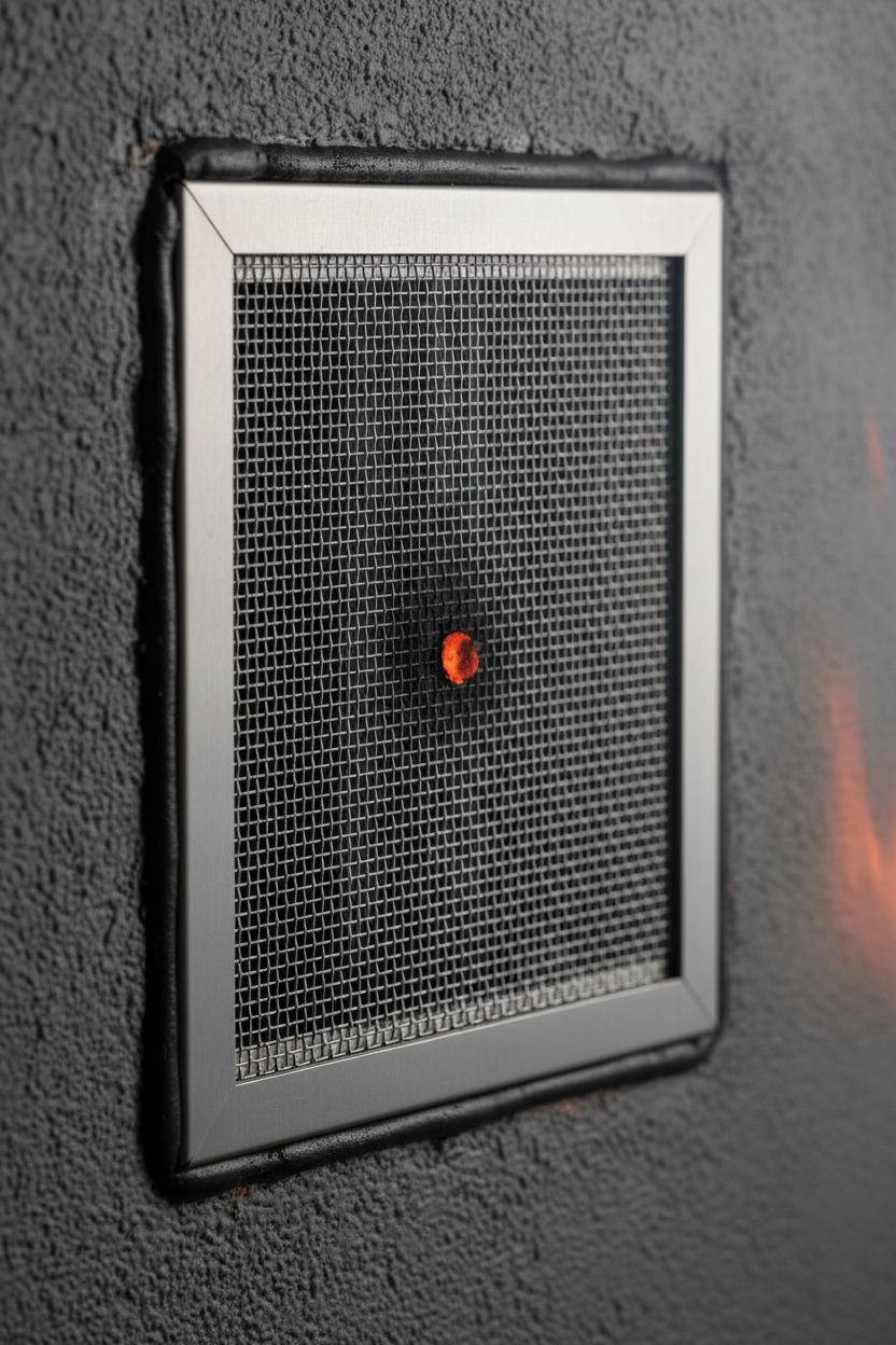 Macro close-up of stainless ember-resistant vent screen installed with fire caulk bead seal