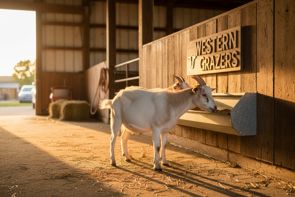 Two white-and-tan dairy goats eating from mounted mineral buffet inside working barn with golden afternoon light