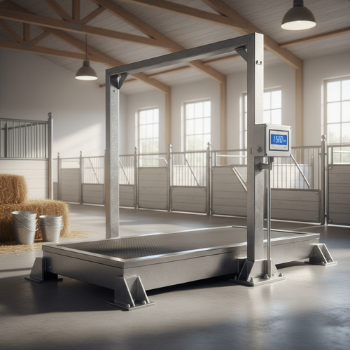 Professional steel livestock scale with digital display in a clean barn setting