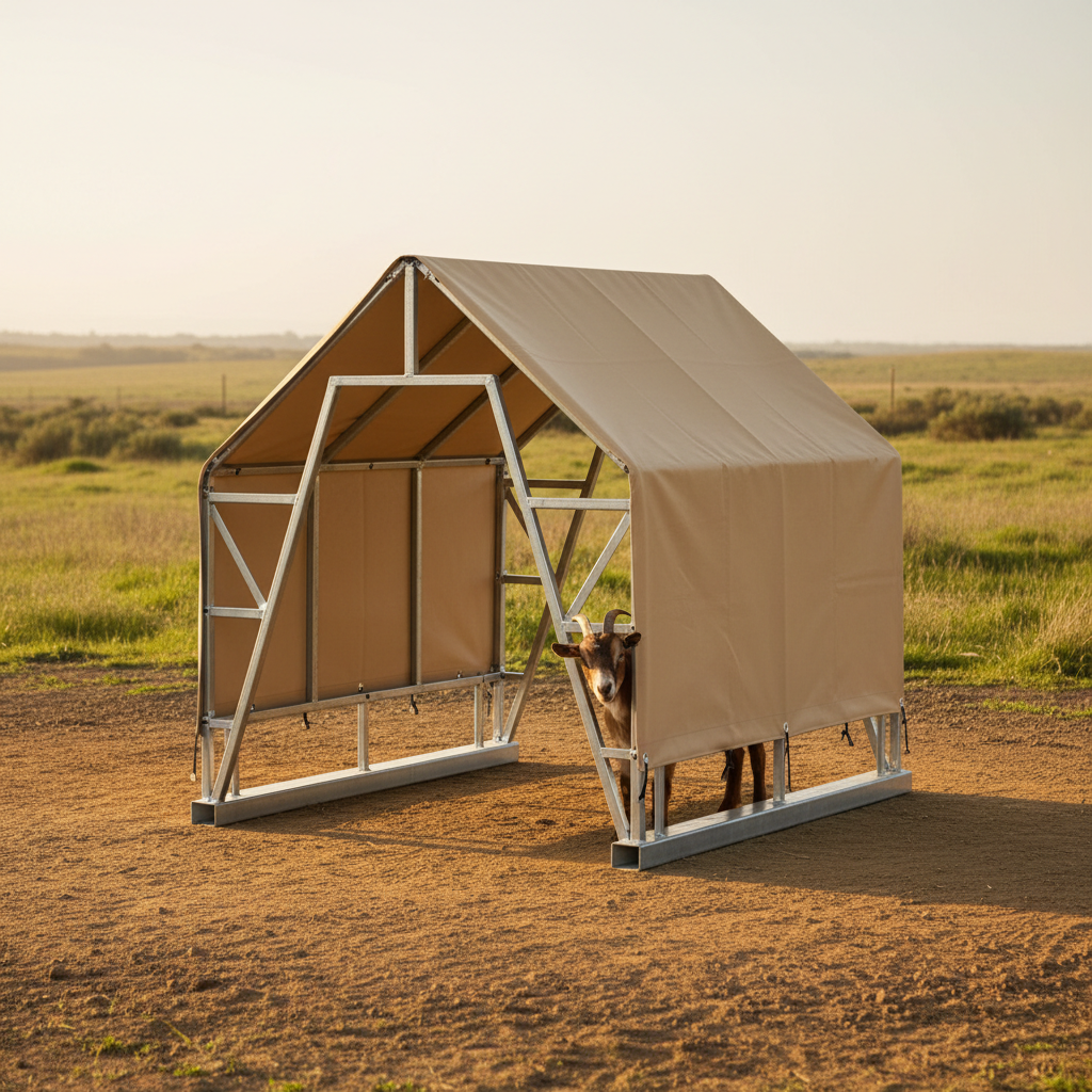 8x10 portable goat field shelter with galvanized steel frame and canvas roof on California pasture