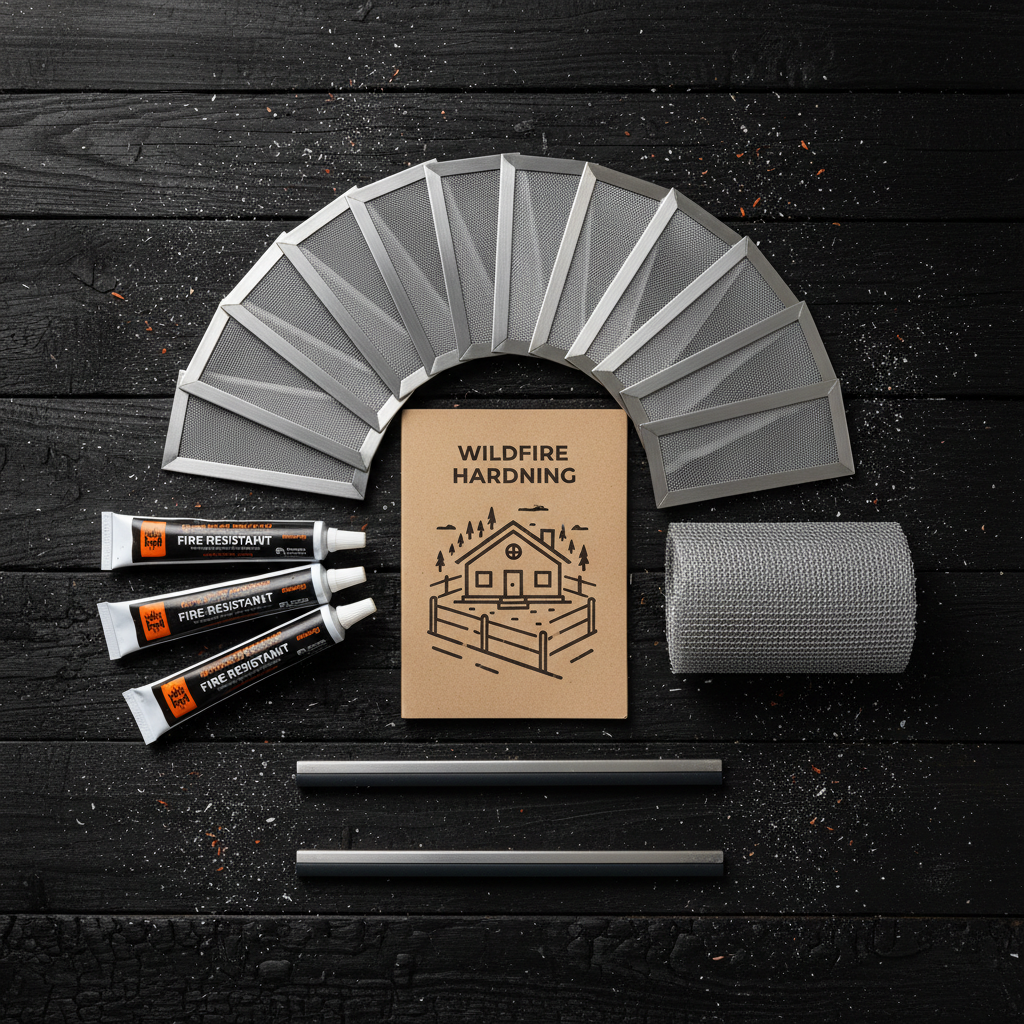 Wildfire home defense bundle flat-lay on charred wood with all kit components arranged