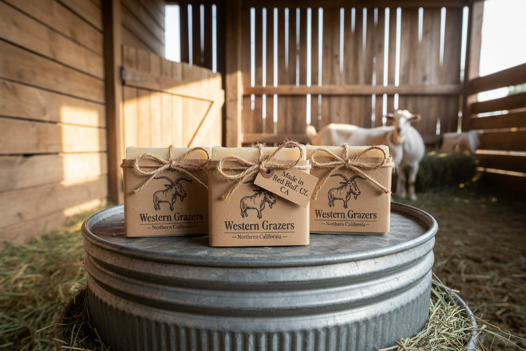 Kraft-wrapped Western Grazers soap bars resting on ranch barn feed trough