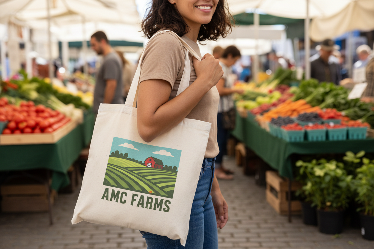 Person carrying AMC Farms tote bag at a farmers market with produce stands in background
