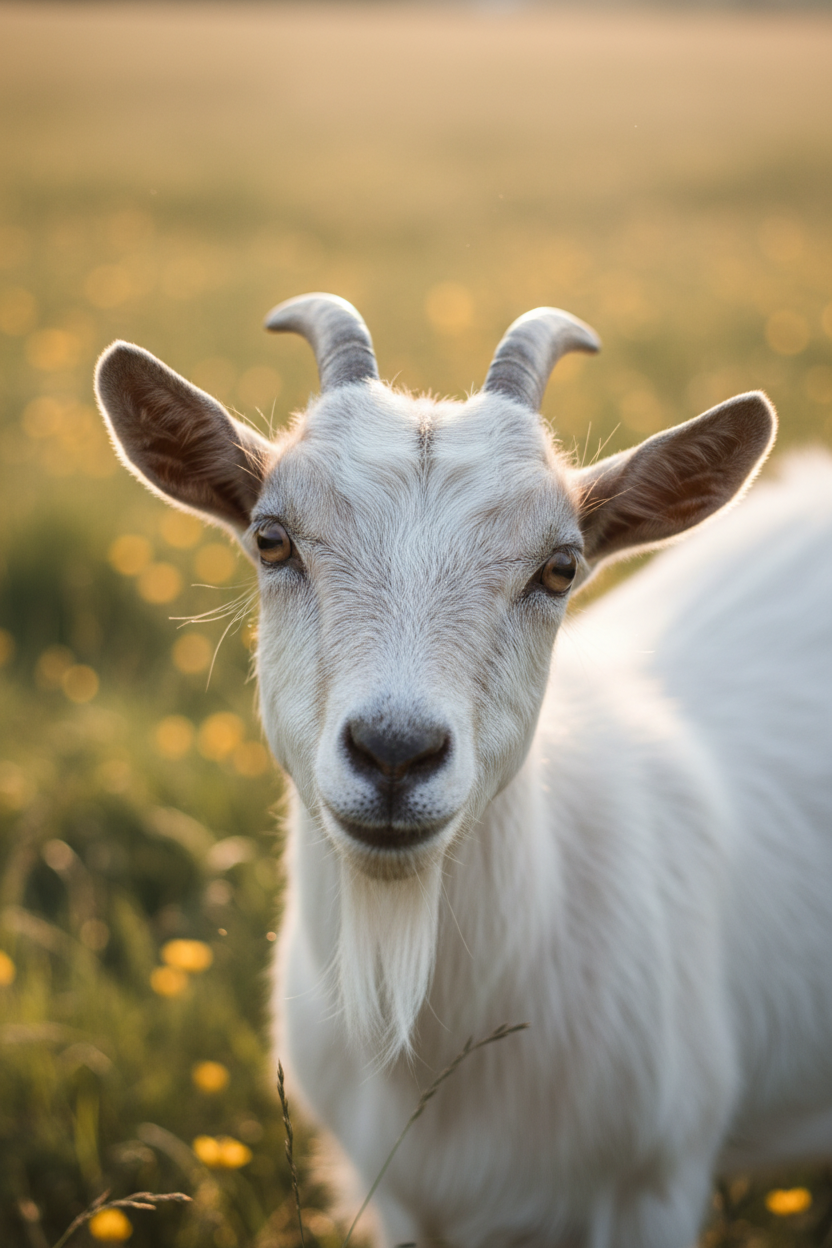 Close-up portrait of a goat in pasture looking at camera with soft bokeh background