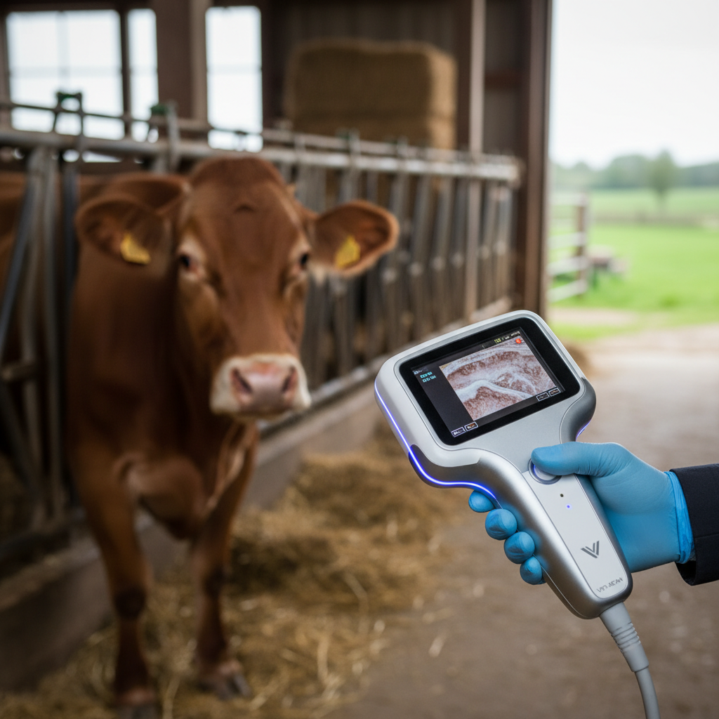 Handheld veterinary ultrasound device with screen and probe in a farm setting