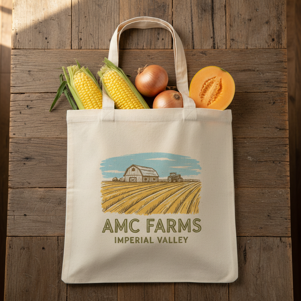 Flat lay of Imperial Valley Farm Tote Bag with onions, corn, and melon on a wooden table