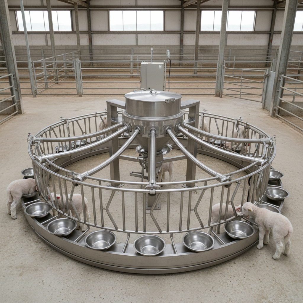Overhead shot of commercial-grade lamb feeder station with stainless steel hardware
