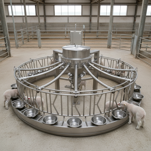 Overhead shot of commercial-grade lamb feeder station with stainless steel hardware