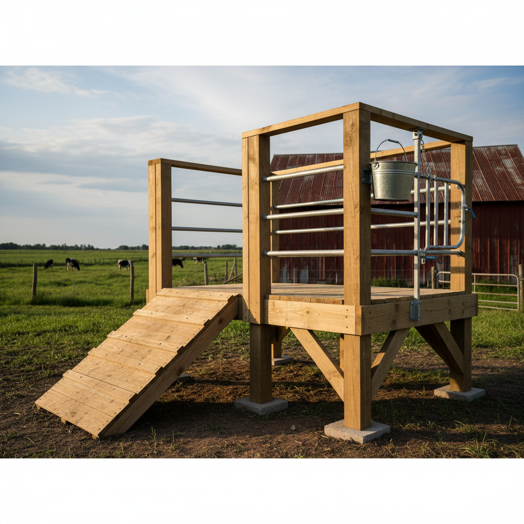 Side profile of raised livestock milking platform with feed bucket attached