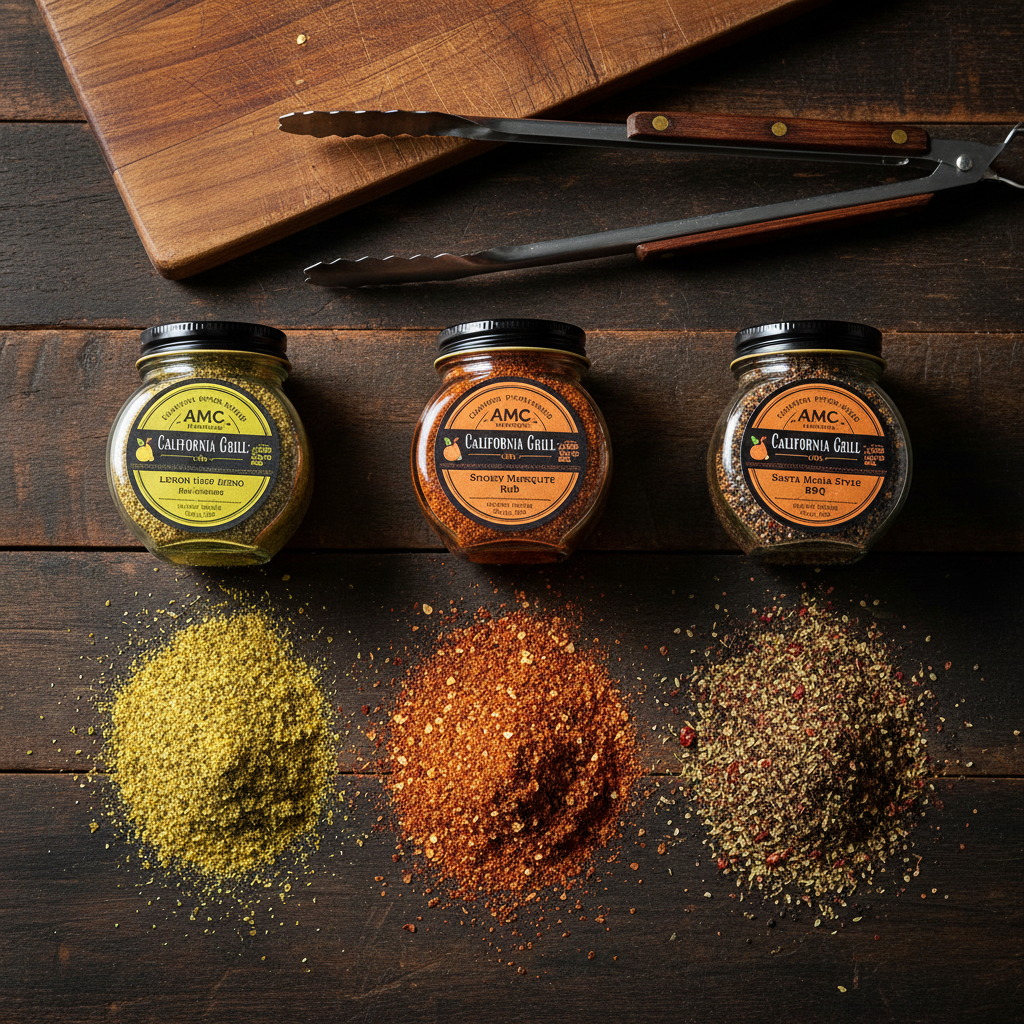 Flat lay of three AMC Farms spice jars with seasoning piles and grill tongs