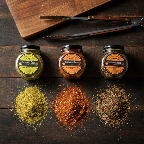 Flat lay of three AMC Farms spice jars with seasoning piles and grill tongs