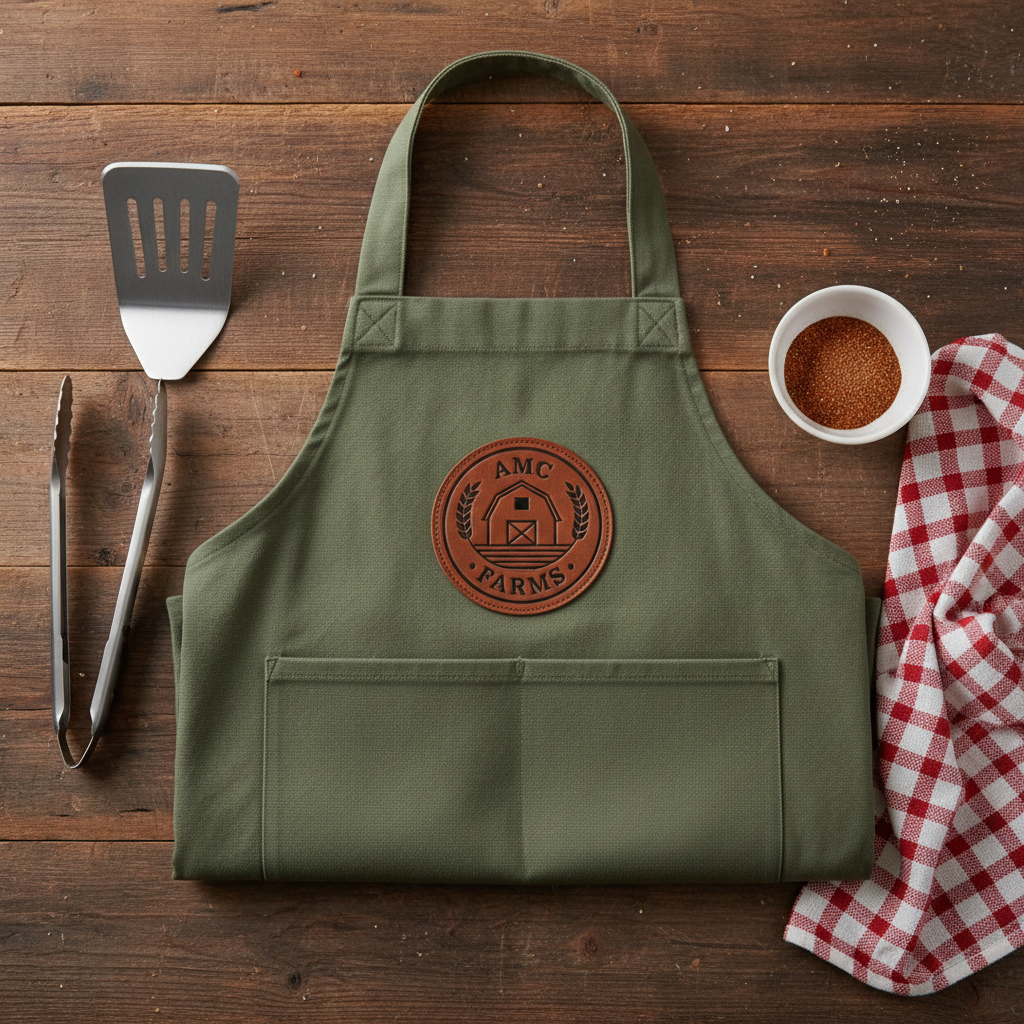Flat lay of folded AMC Farms Grill Apron with grill tools and seasoning bowl