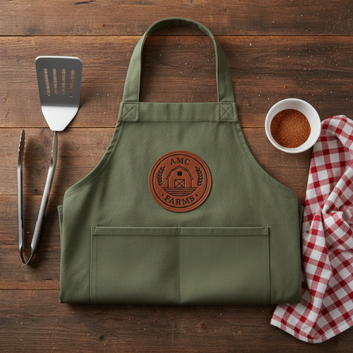 Flat lay of folded AMC Farms Grill Apron with grill tools and seasoning bowl