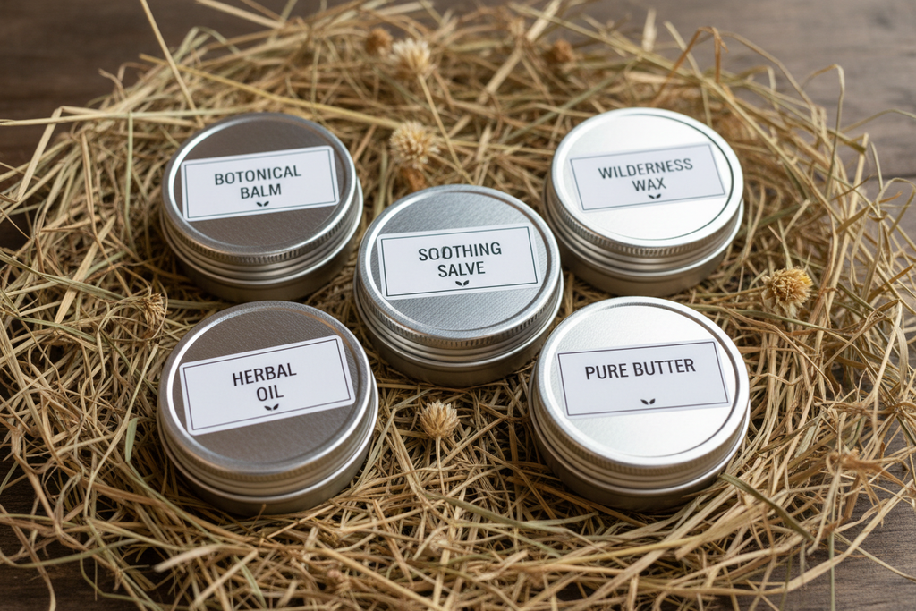 Set of small aluminum tins with minimalist labels arranged on a bed of hay