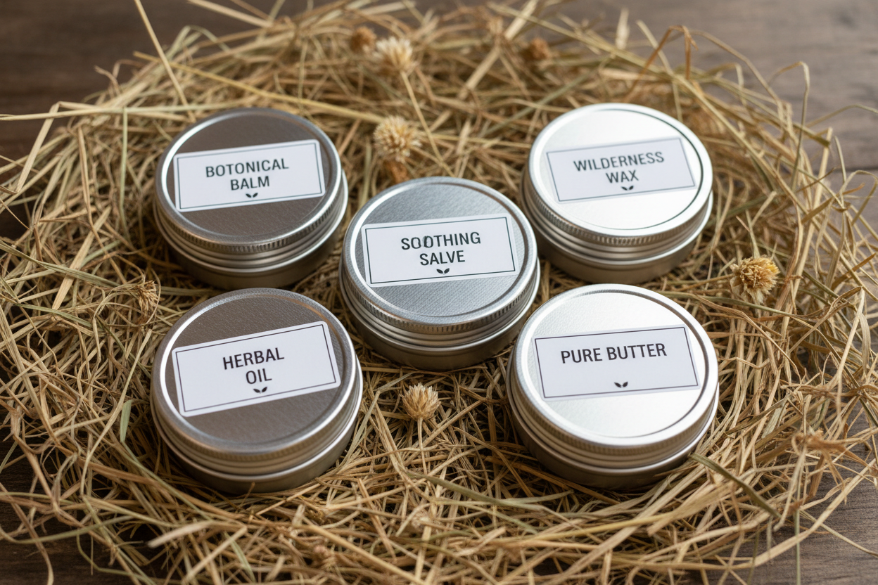 Set of small aluminum tins with minimalist labels arranged on a bed of hay