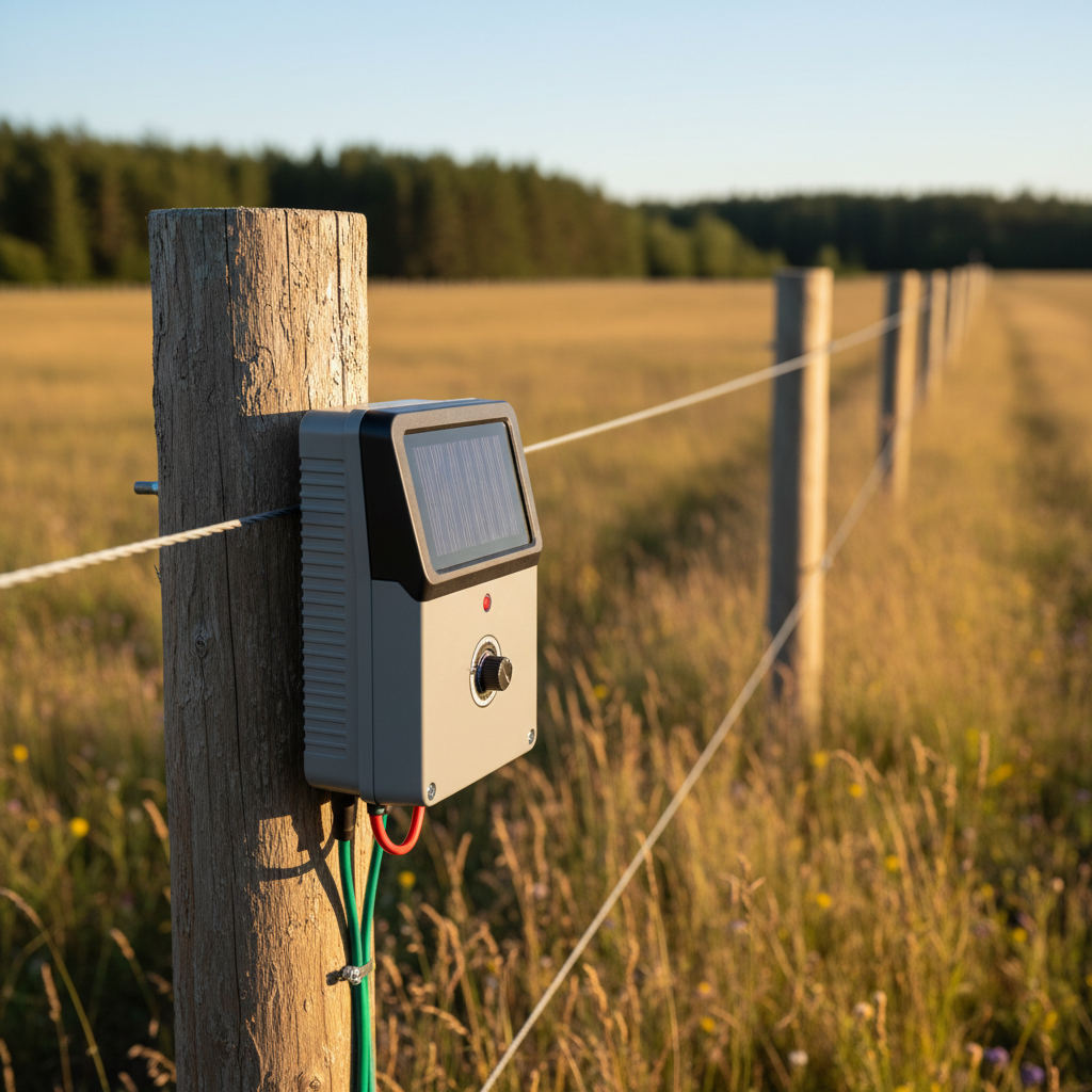 Solar energizer for electric fences mounted on a wooden post in a sunlit field
