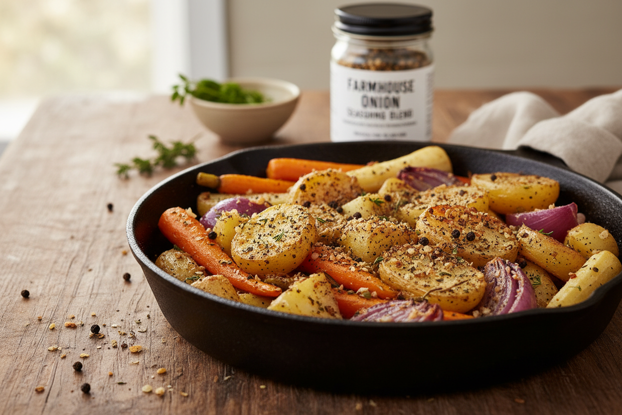 Farmhouse Onion Seasoning Blend sprinkled on roasted vegetables in a cast-iron pan