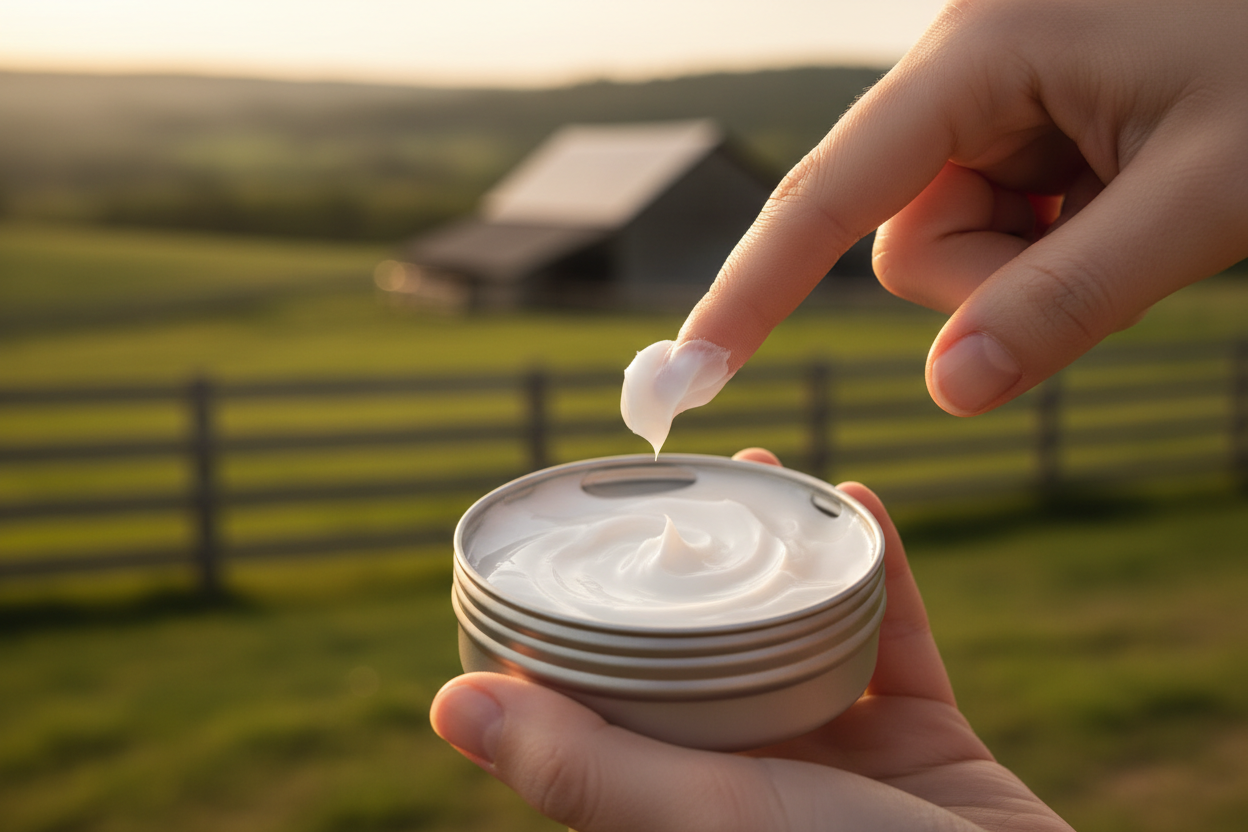 Hand applying thick creamy lotion from a tin with soft lighting and farm background