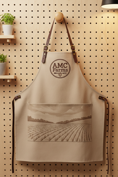 AMC Farms Grill Apron hanging on a wooden pegboard with logo and onion field illustration