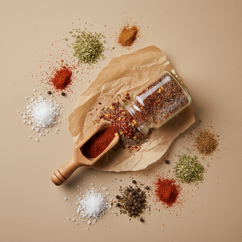 Flat lay of mini wooden spice scoop next to an open spice jar on parchment paper