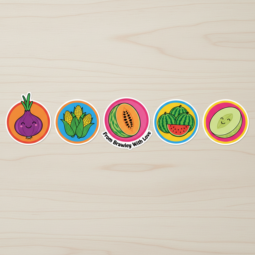 Five colorful AMC Farms vinyl stickers arranged on a light wooden surface