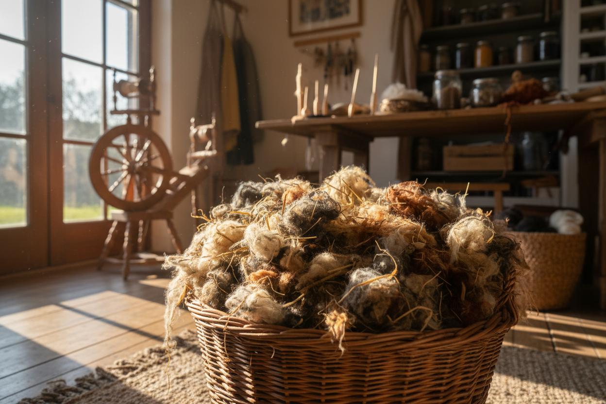 Basket filled with raw earthy-toned wool fibers in sunlit craft room