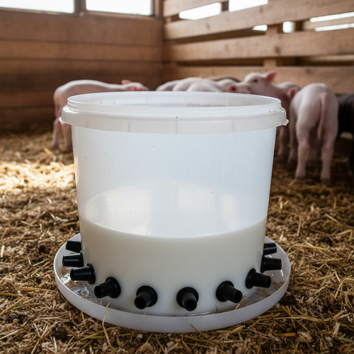 Large plastic nursing pail with multiple black rubber nipples in a nursery pen