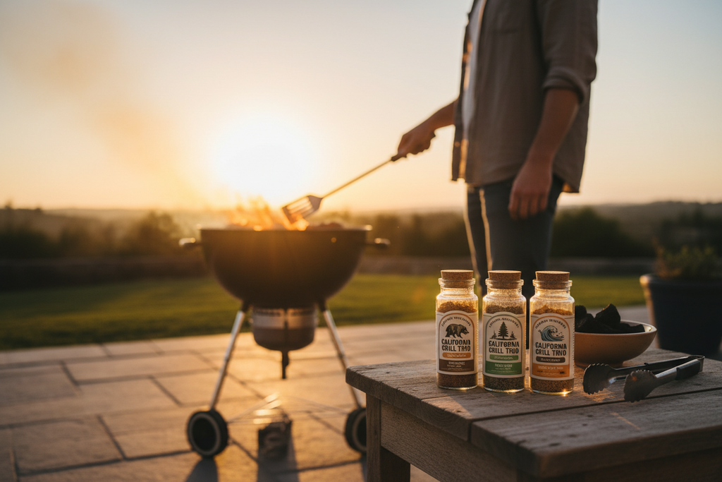 Person grilling outdoors at sunset with California Grill Trio spices in the foreground
