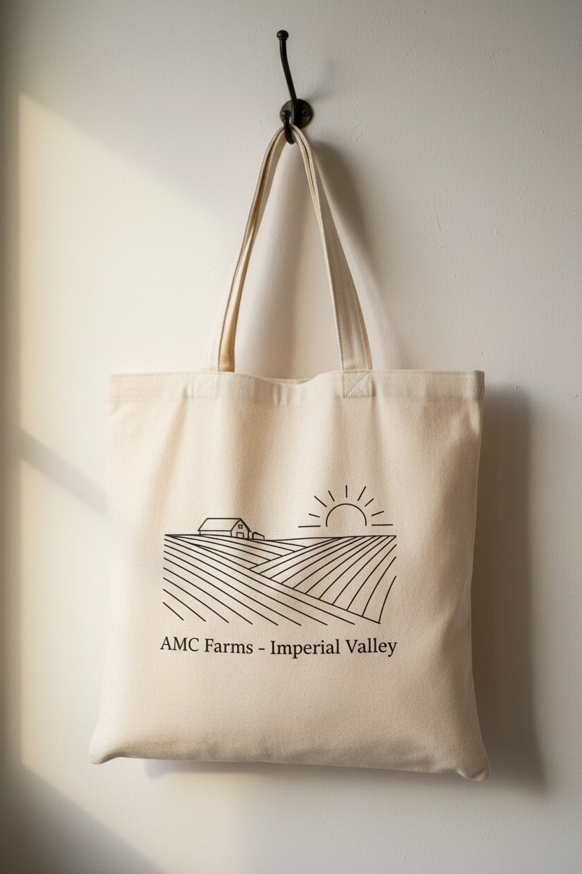 Natural cotton AMC Farms tote bag hanging on a hook with farm field illustration