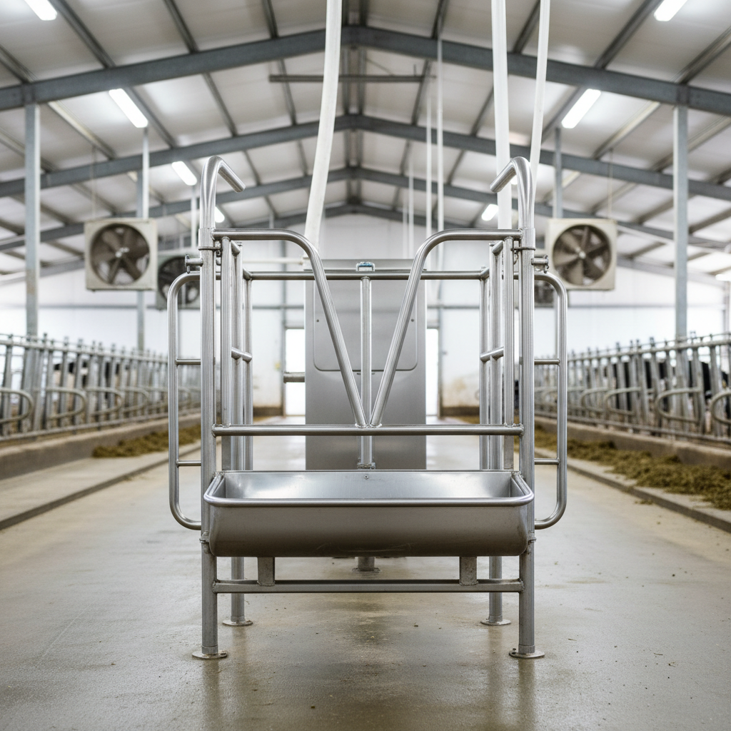 Shiny stainless steel milking stand with head-lock gate on clean concrete floor in dairy barn