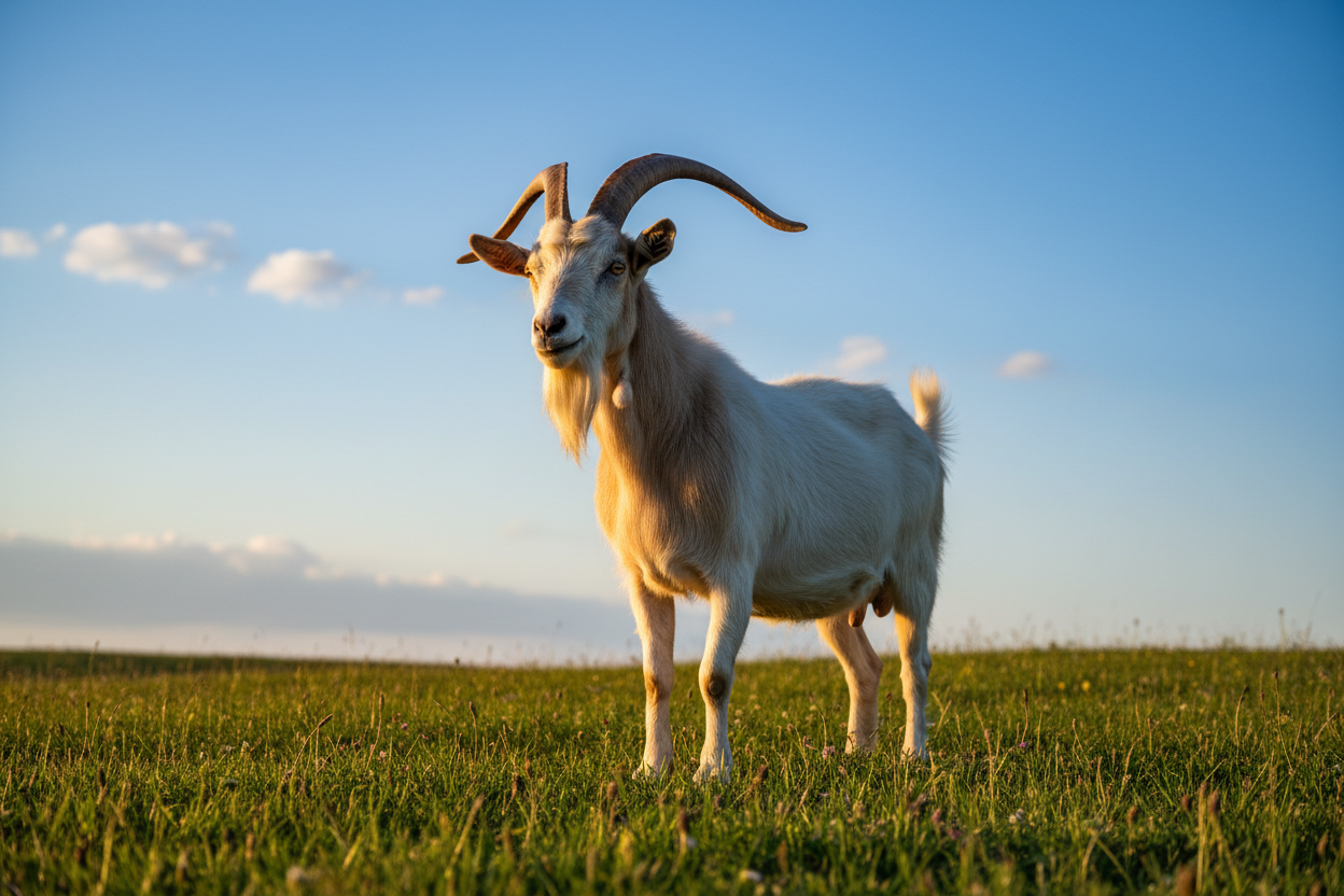 Majestic healthy goat standing on green hill with blue sky, professional livestock photography
