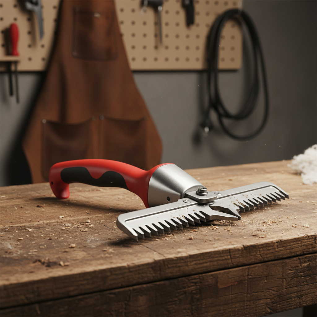 Professional electric sheep shears with red ergonomic handle on a wooden workbench
