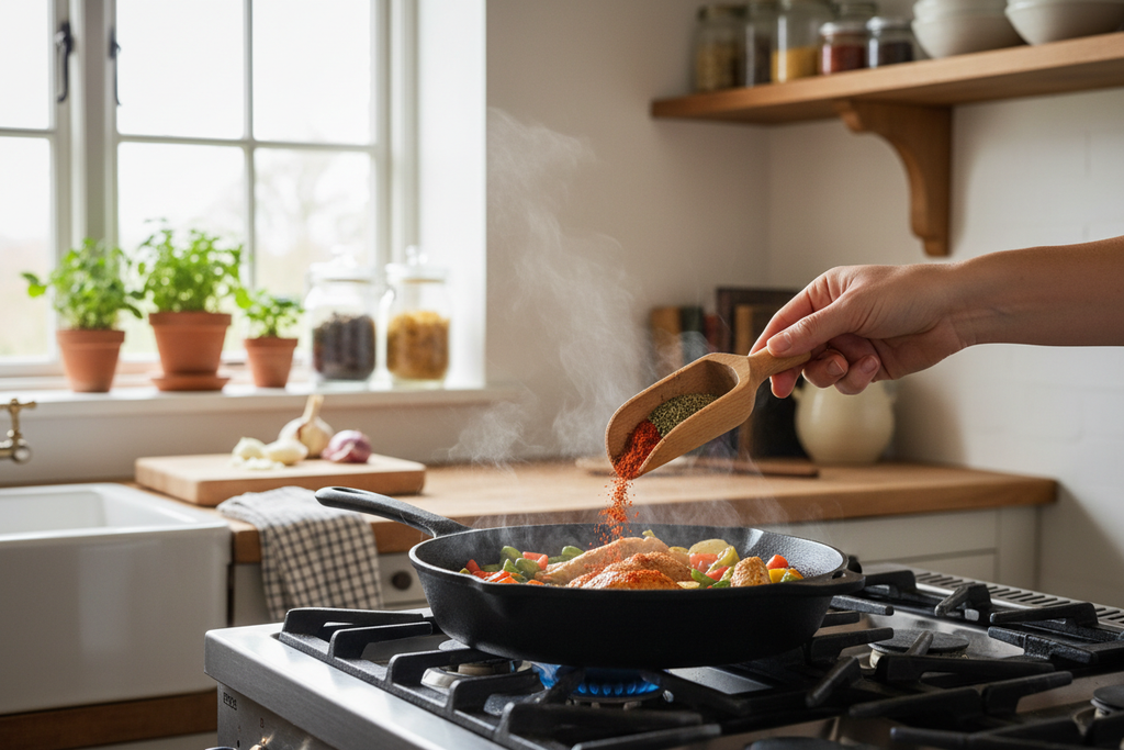 Hand using a mini wooden spice scoop to add seasoning to a pan in a farmhouse kitchen