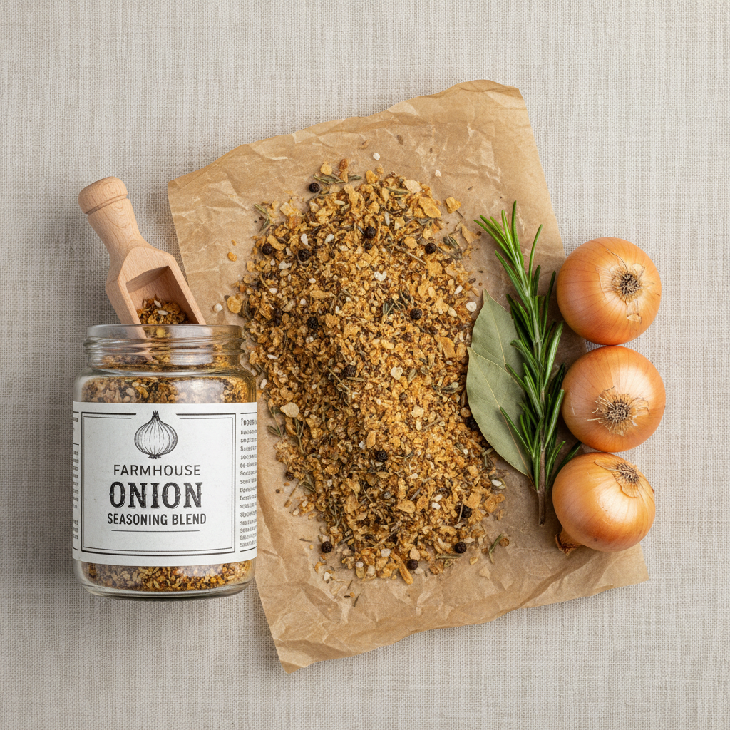 Flat lay of Farmhouse Onion Seasoning Blend jar with wooden scoop and fresh onions