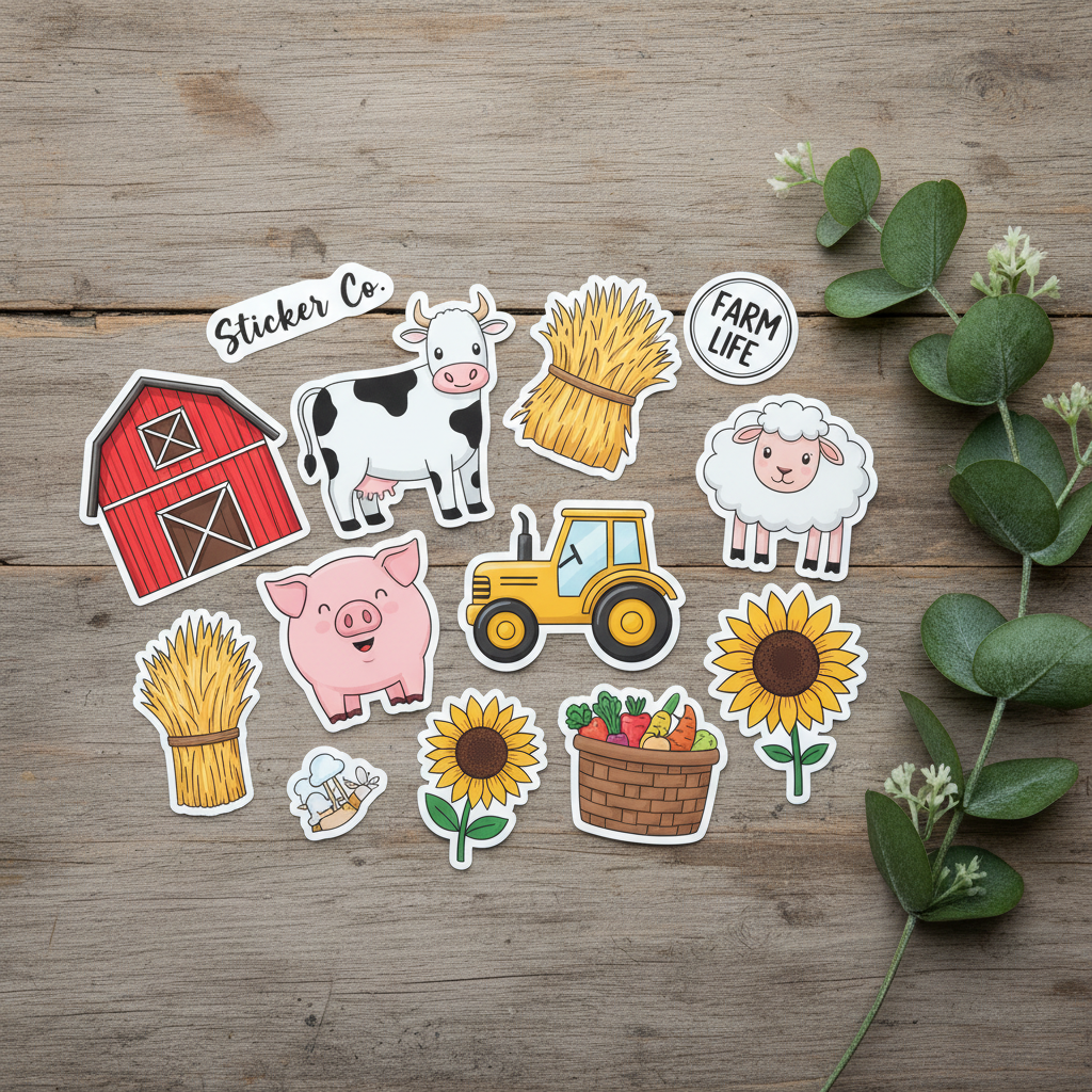 Farm-themed sticker pack flat lay on wooden desk with greenery